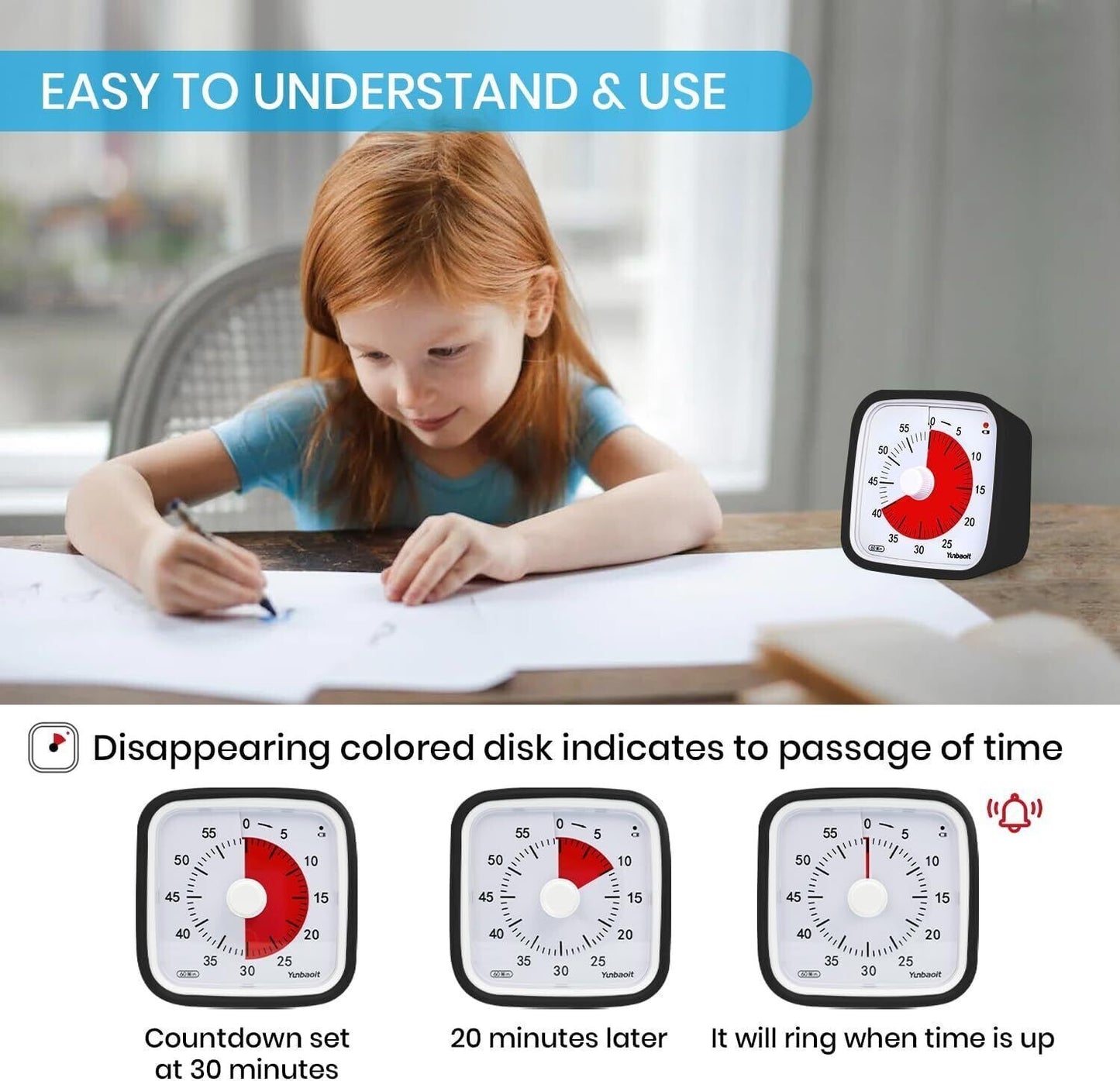 Black -Yunbaoit Visual Timer,Silent Countdown Clock, Time Management Tool 355519508439
