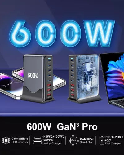 10x 600W GaN Fast Charging Station – USB-C PD Desktop Charger for iPhone & Laptops