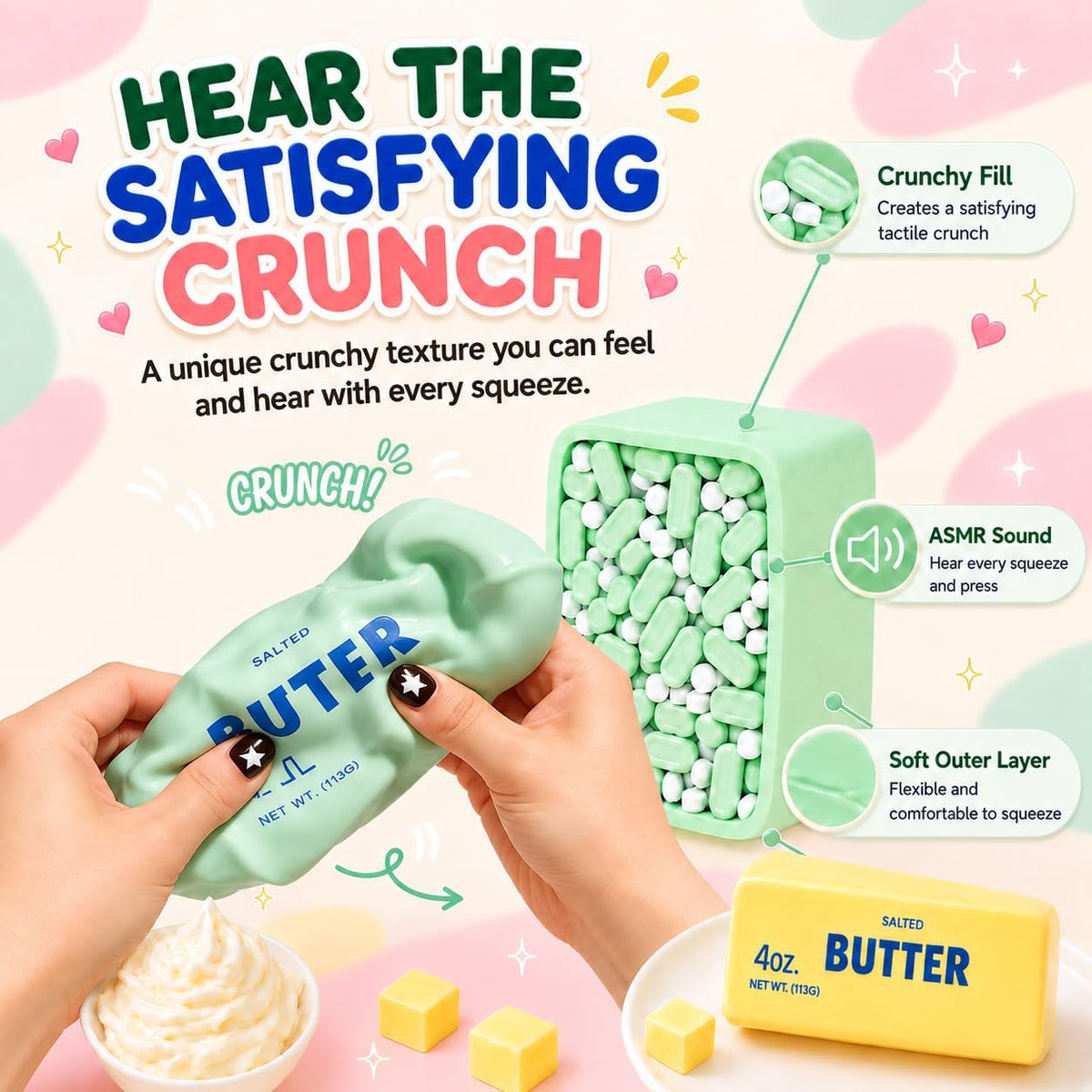 Crunchy Butter Squishy, Soft Squeeze Sensory Fidget Toy with Crunchy ASMR Texture, Butter Stick Stress Relief Toy, Fun Novelty Gift for Kids Teens and Adults