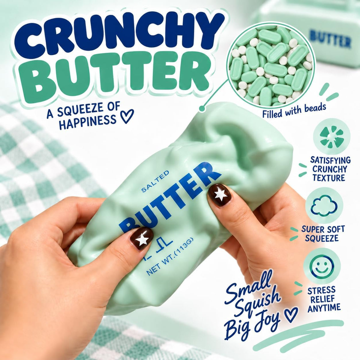 Crunchy Butter Squishy, Soft Squeeze Sensory Fidget Toy with Crunchy ASMR Texture, Butter Stick Stress Relief Toy, Fun Novelty Gift for Kids Teens and Adults