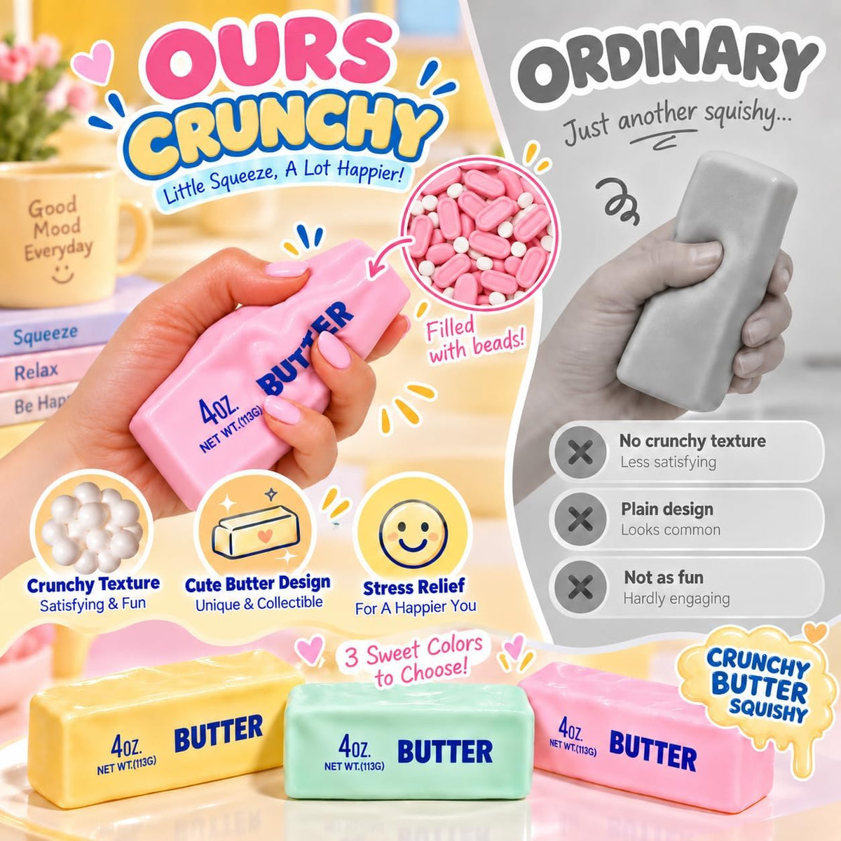 Crunchy Butter Squishy, Soft Squeeze Sensory Fidget Toy with Crunchy ASMR Texture, Butter Stick Stress Relief Toy, Fun Novelty Gift for Kids Teens and Adults