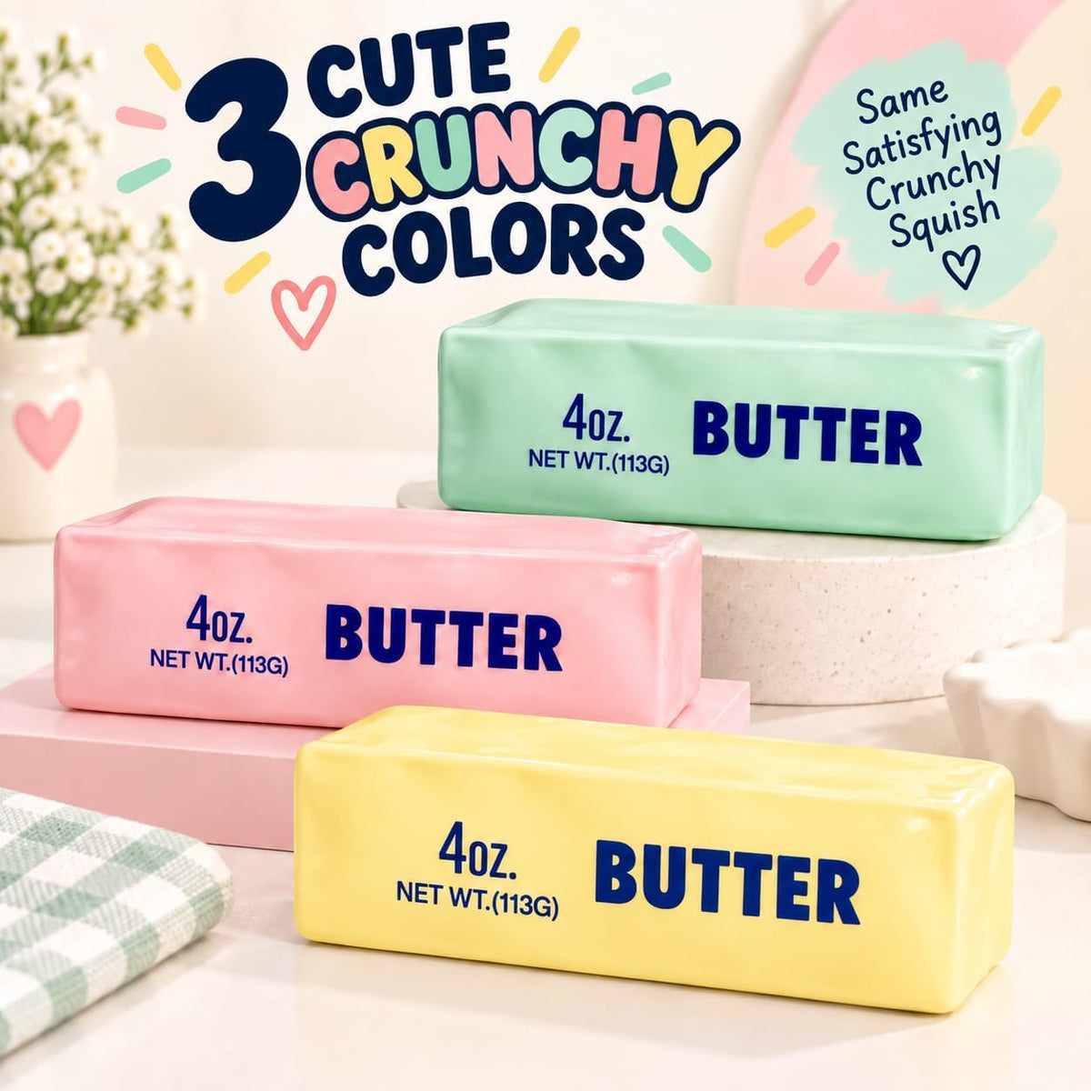 Crunchy Butter Squishy, Soft Squeeze Sensory Fidget Toy with Crunchy ASMR Texture, Butter Stick Stress Relief Toy, Fun Novelty Gift for Kids Teens and Adults