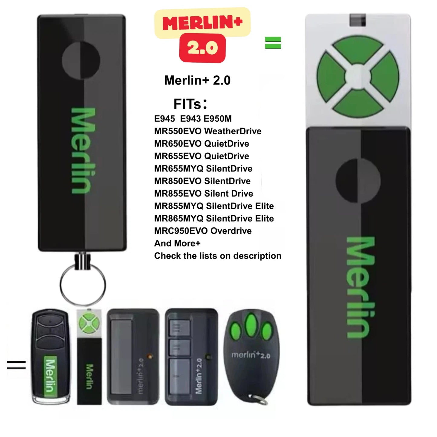 Merlin+ 2.0 E950M Garage Gate Replacement Remote control Compatible E960M E945M