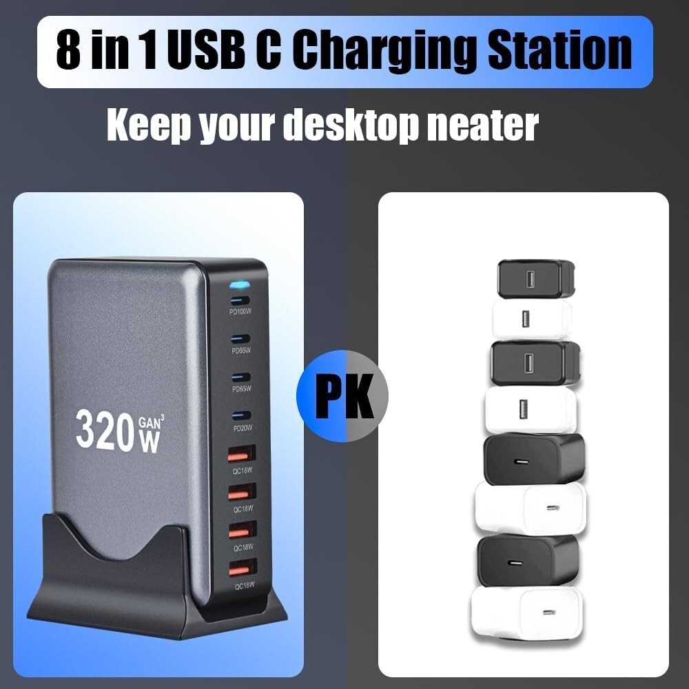 320W GaN III 8 Ports USB C Fast Charging Station Hub Block Portable Wall Charger 355988886812