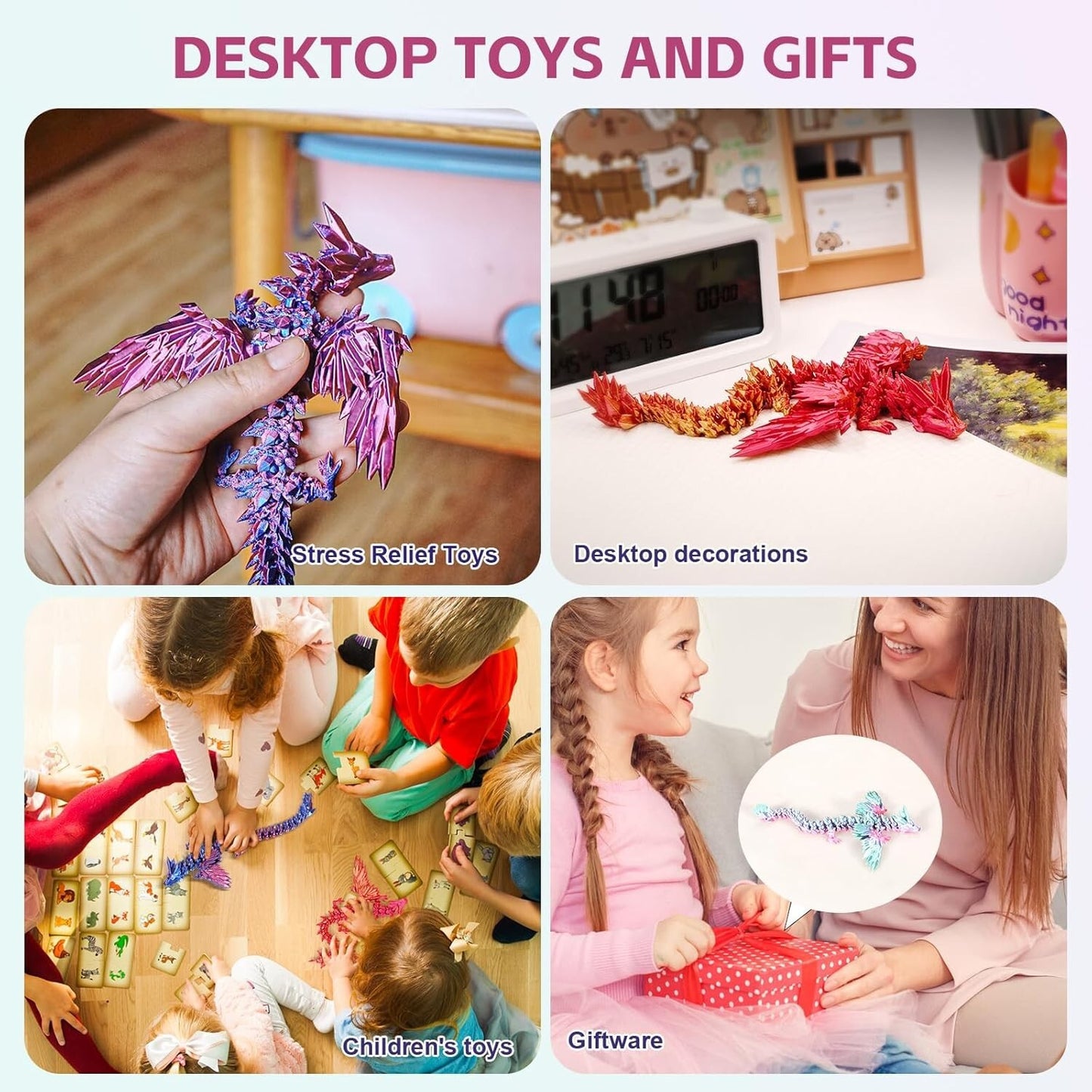2pcs 3D Printed Winged Dragon, Scale Flexible Dragon Fidget Toys Birthday Gifts 365246610203