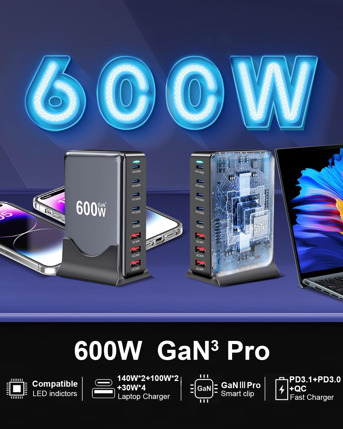 600W GaN Fast Charging Station – USB-C PD Desktop Charger for iPhone & Laptops 356689660773