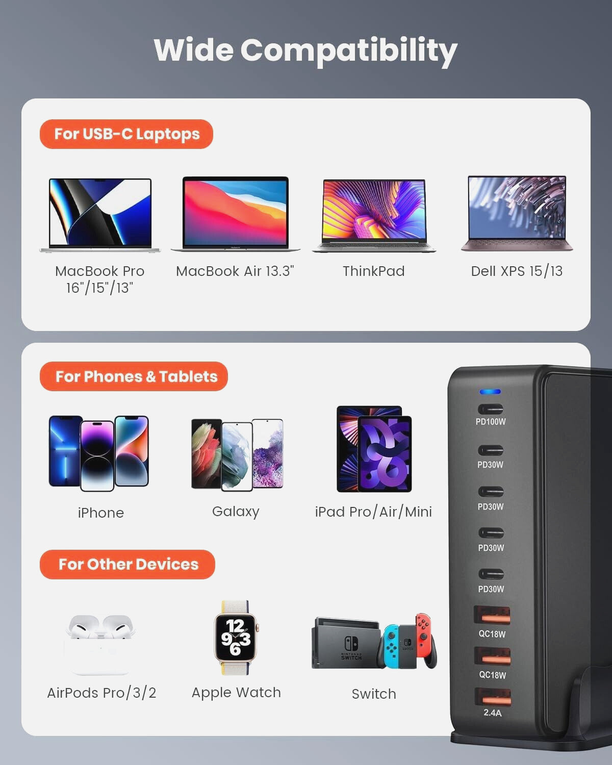 268W Desktop GaN 8-Port Fast USB Charging Station Fast Charging For iPhone iPad 355841141072