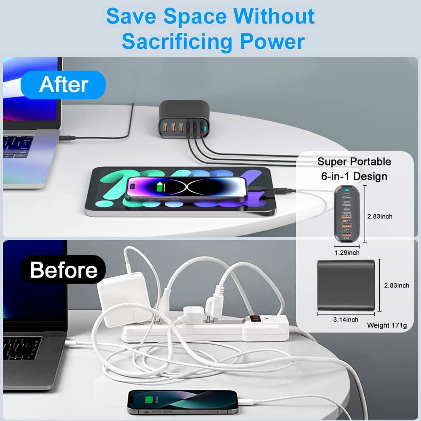 155W GaN USB C wall Charger Quick 6 Ports Type C PD Fast Charging iPhone Samsung 355085168241